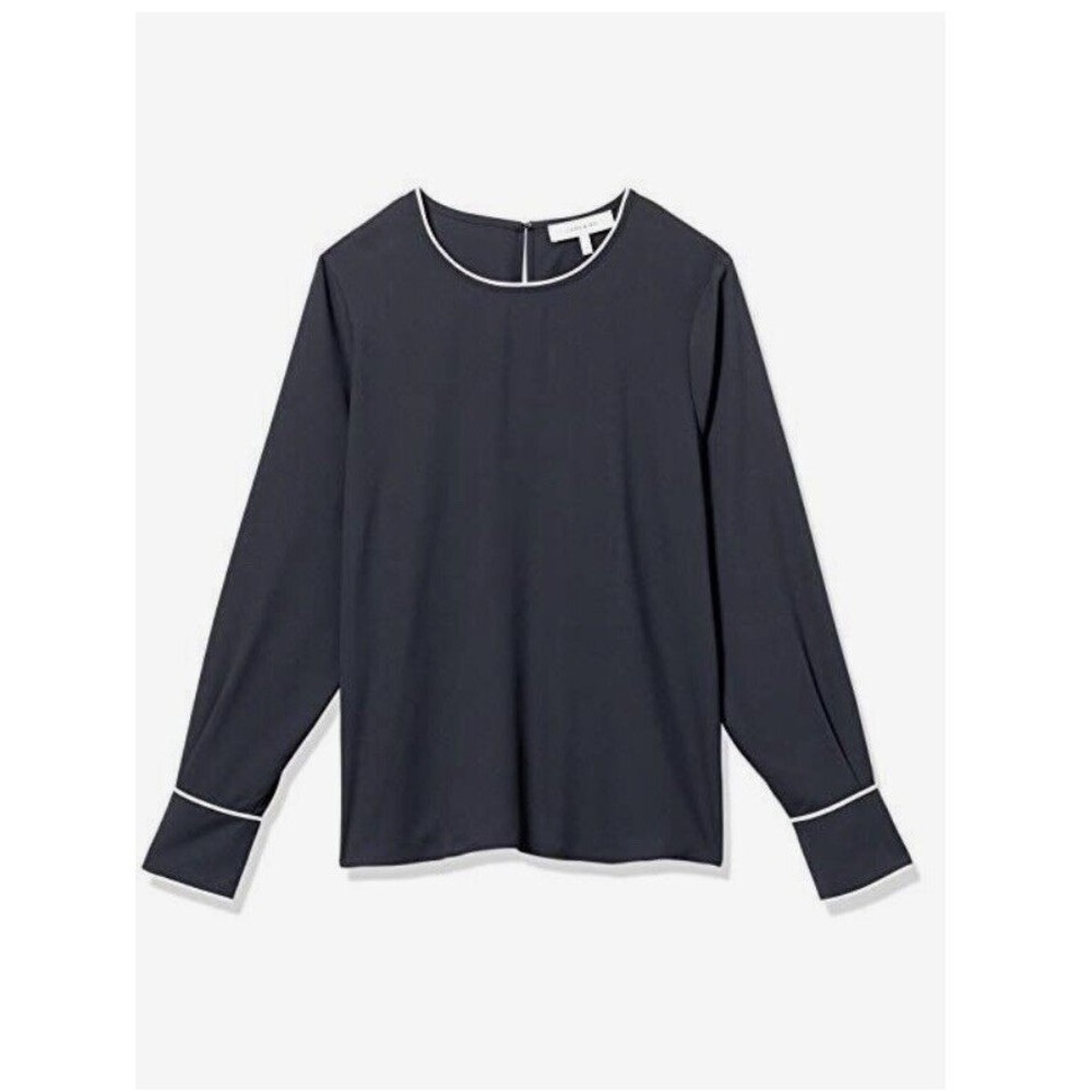 Lark & Ro Women's Crepe de Chine Long Sleeve Piping Detail Blouse NWT , Navy, XS